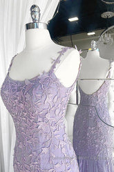 Light Purple Lace Mermaid Semi Formal Prom Dresses, Purple Lace Mermaid Formal Evening Dresses